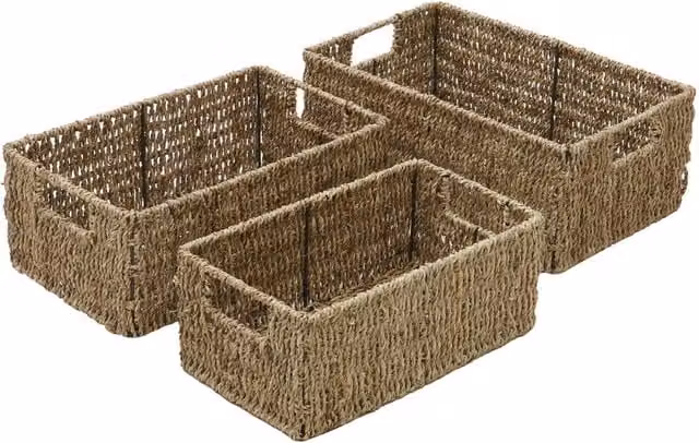 JVL Set of 3 Brown Open Weave Seagrass Rectangular Storage Baskets