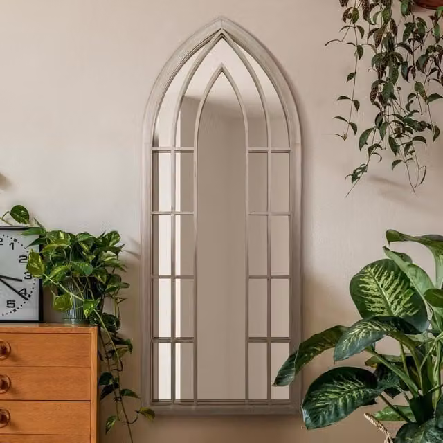 MirrorOutlet The Somerley Extra Large Rustic Framed Arched Gothic Wall Mirror in Stone/Grey, Height: 149 cm
