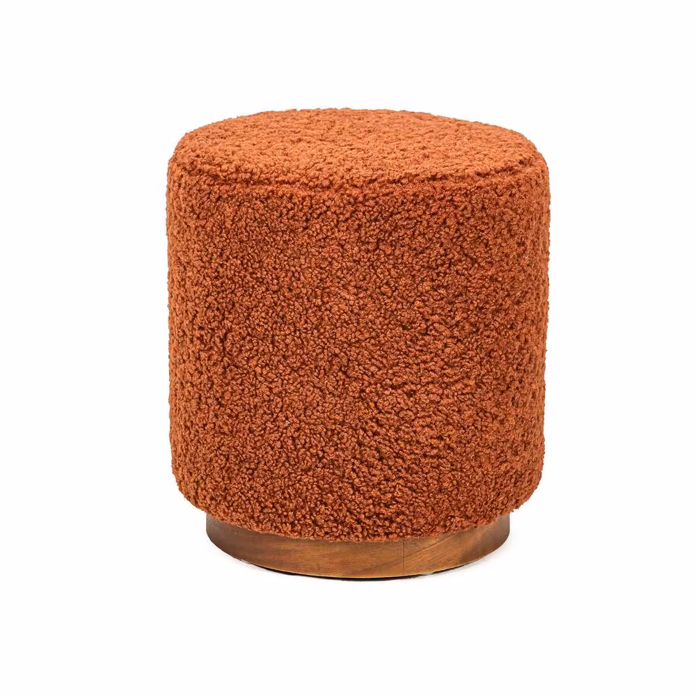 Nordlys Red Bouclé Cylindrical Living Room Pouf with Brown Wooden Base – 3