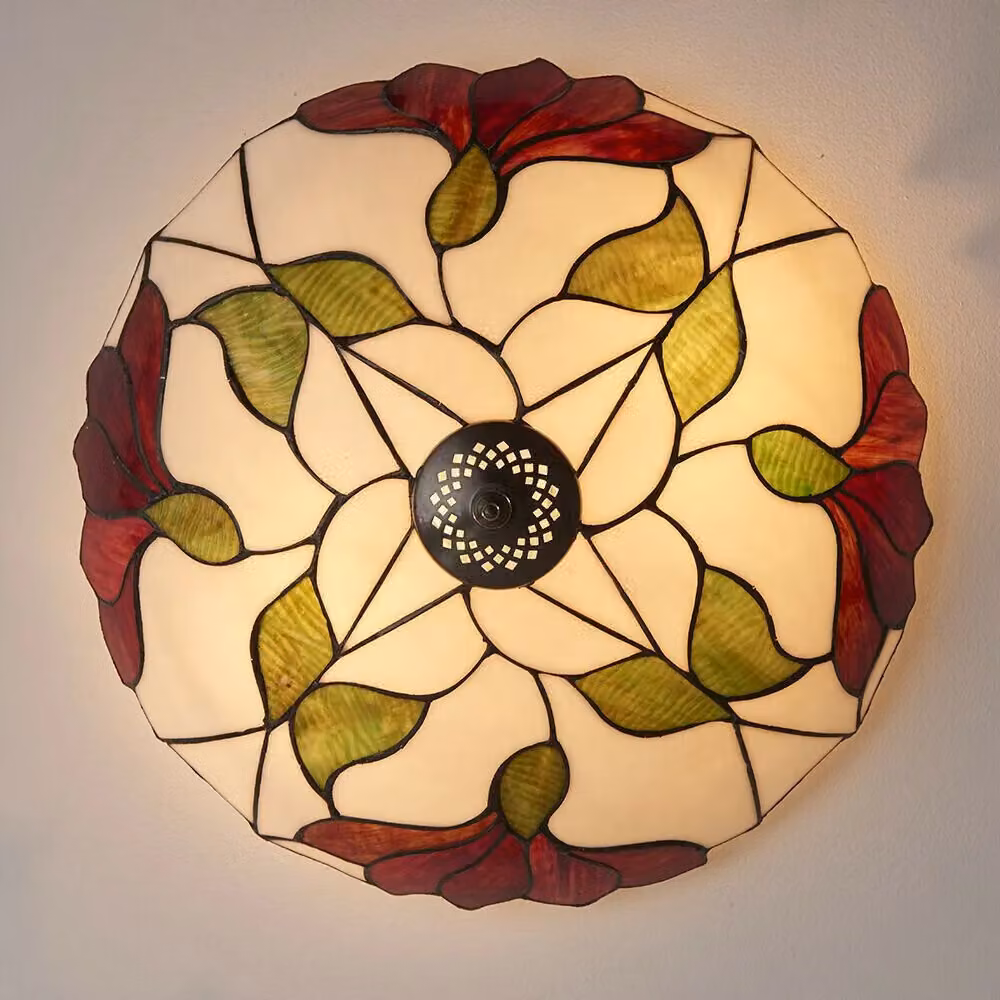 Loops Tiffany Glass Semi Flush Ceiling Light with Red Flower Round Inverted Shade in Multicolour and Bronze – 2