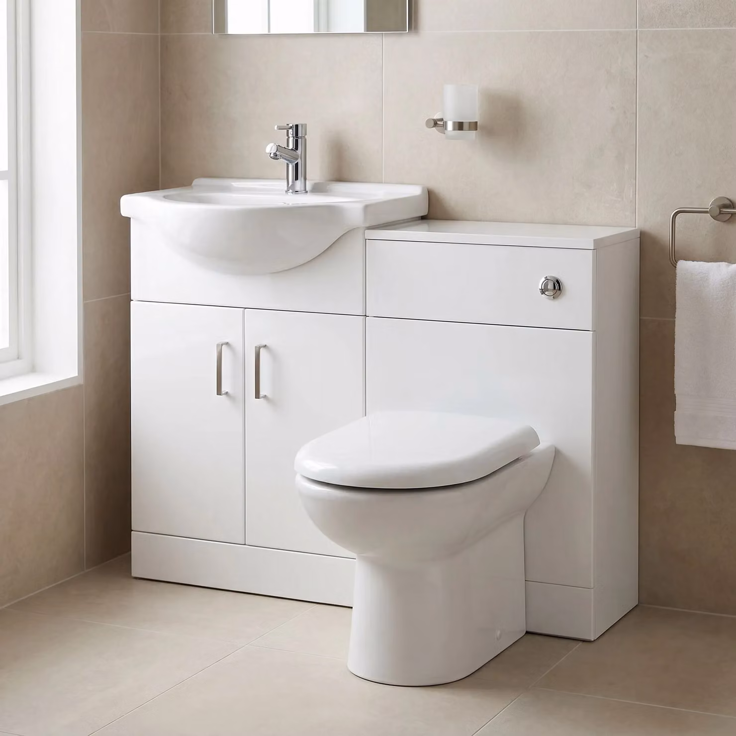 Balterley Modern Glossy White Cloakroom Basin Vanity Unit with WC Cistern and Soft Close Seat – 2