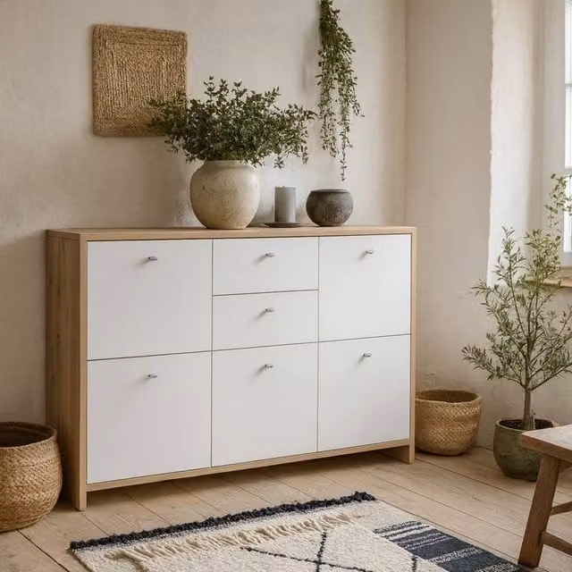 Wyld Haus Willowmere White and Artisan Oak Modern Storage Cabinet with 5 Hinged Doors and 2 Internal Drawers, W/D/H: 113.9 x 77.3 x 29.6 cm