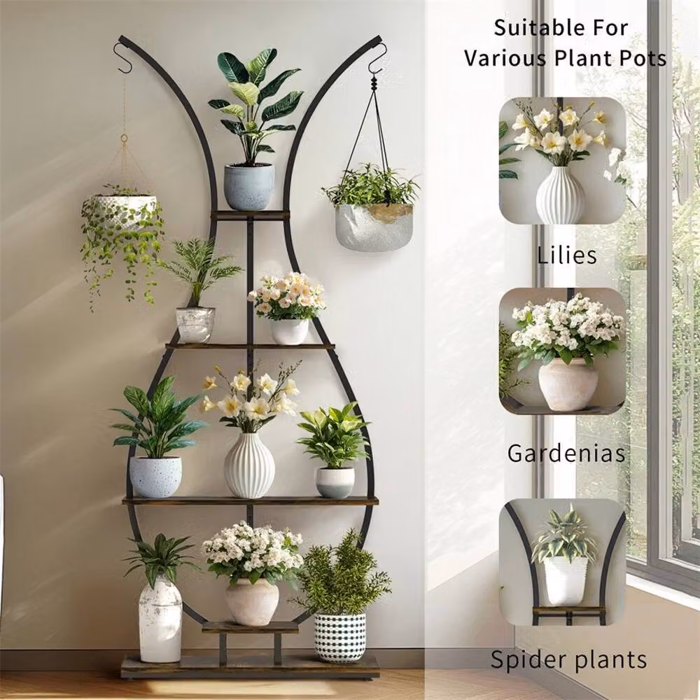 Havendro 5 Tier Rustic Plant Stand with Shelf Hooks in Black – 4
