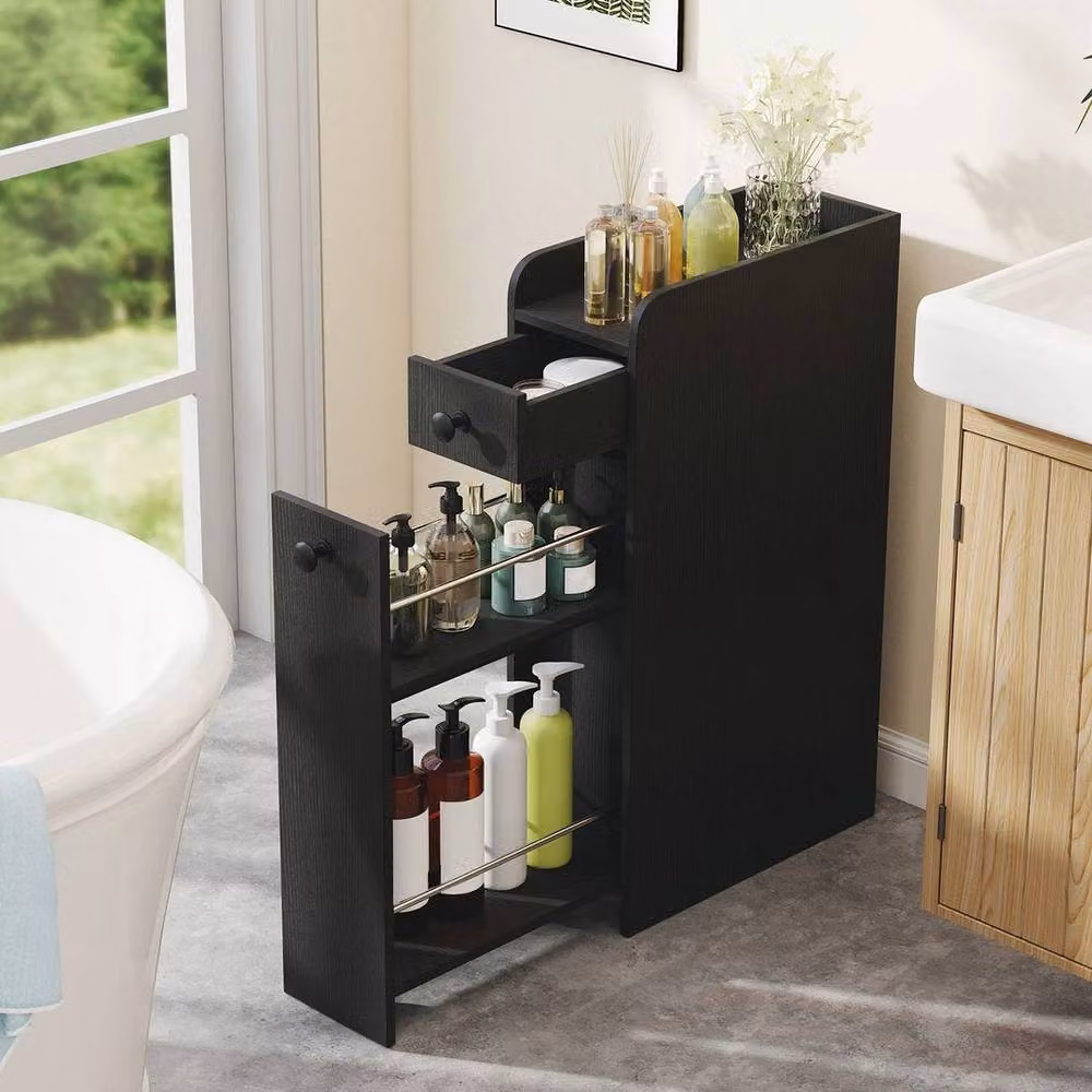 KORVIXA Modern Black Freestanding Bathroom Storage Cabinet with Internal Drawers and Shelves, W: 60 cm, H: 100 cm – 3