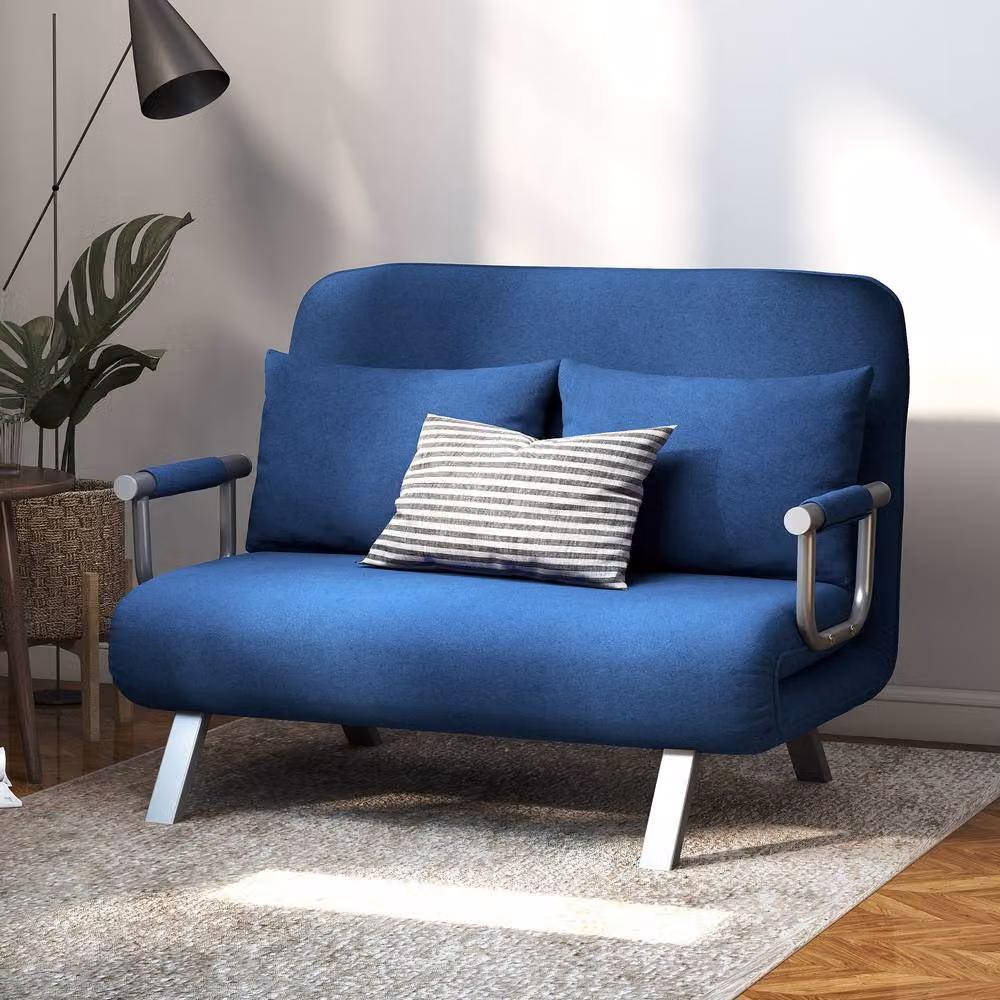 STILVORA Blue Microfibre Two-Seater Click-Clack Sofa Bed with Adjustable Headrest and Scatter Cushions – 2