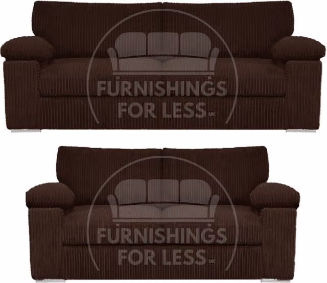 Furnishings For Less UK Delta Jumbo Cord Fabric Sofa Suite with Padded Arms, 3 and 2 Seater, Chocolate Brown