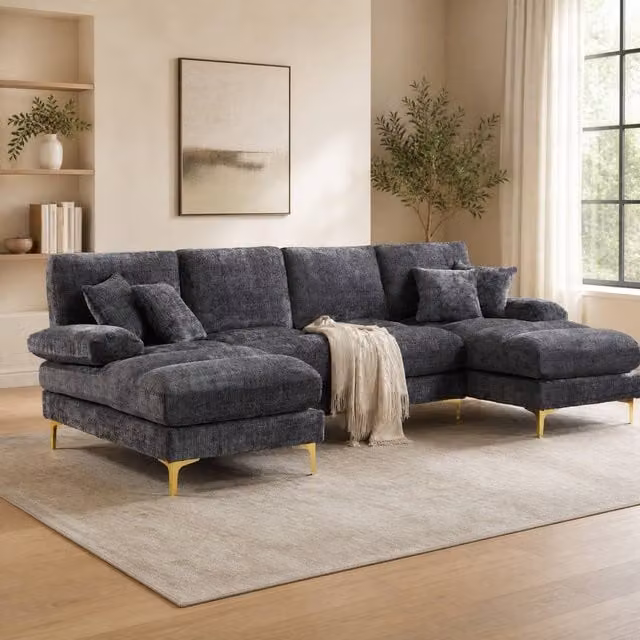 STILVORA U-Shaped Modern Sofa in Grey Fabric with Scatter Cushions, W/D/H: 272 x 136 x 88 cm