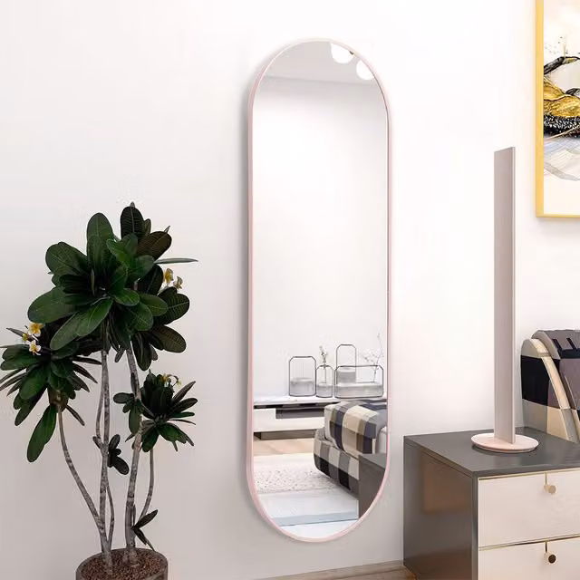 Livingandhome Oval Metal Full Length Wall Mirror in Gold, Black or Pink, H 150 cm x W 40 cm x D 1 cm