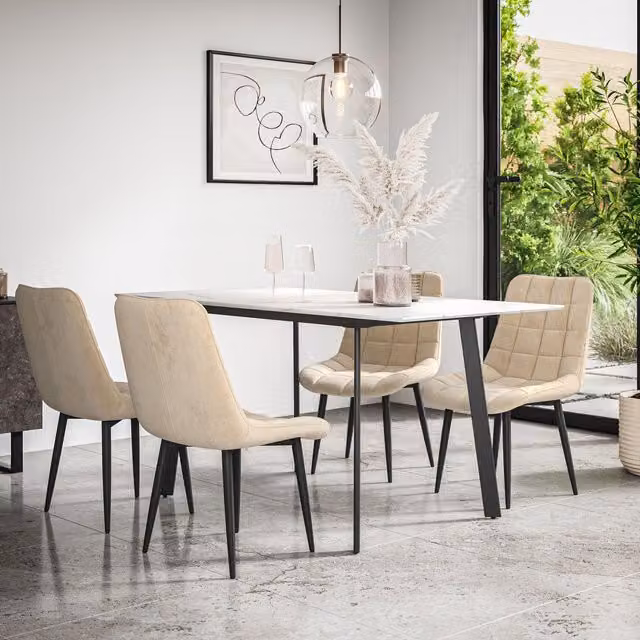 More4Homes Haydon Extending Dining Table and 4 Nova Velvet Chairs Set, White Marble Effect Top with Black Legs and Beige Chairs, W: 120 cm, D: 80 cm, H: 76 cm – 1