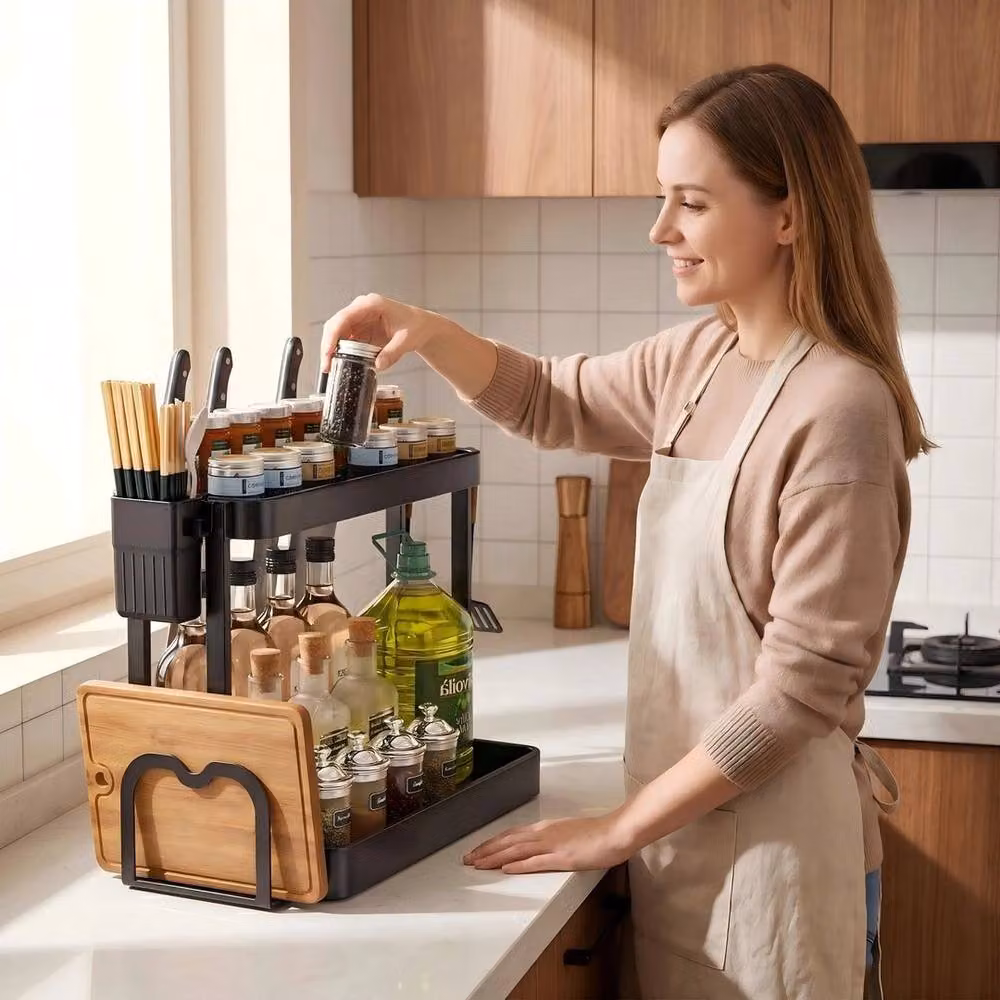 FORGEVIO Black 2 Tier Metal Spice Rack Organiser with Chopping Board – 3