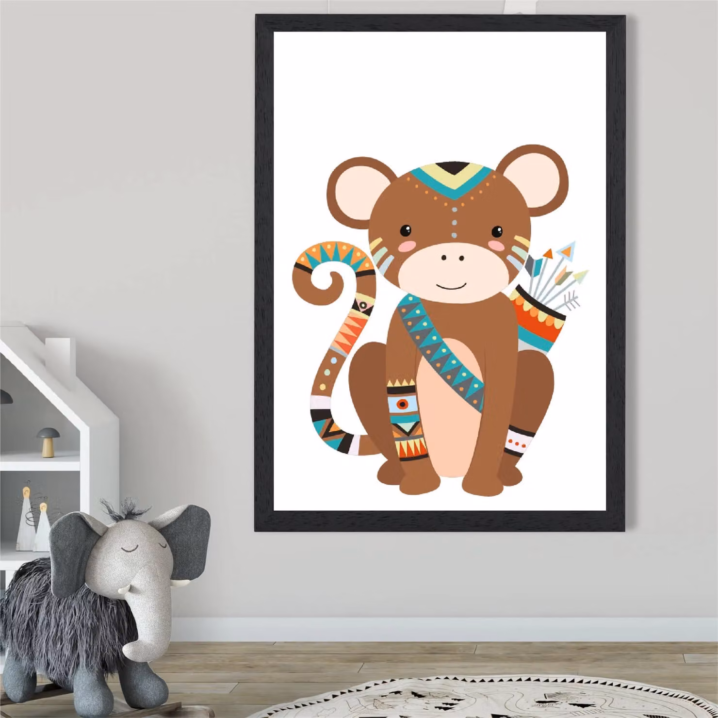 ARTZE Monkey Tribal Animal Framed Print, A3, Black Frame, Brown and Multicolour – 2