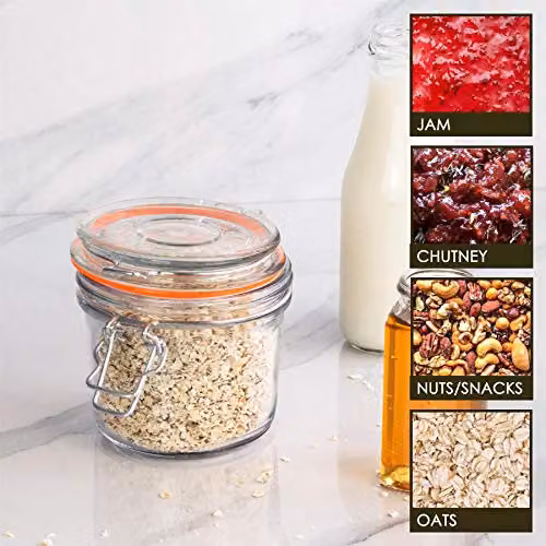 Argon Tableware Glass Storage Jars with Airtight Clip Lid, 350ml, Set of 6, Transparent and Orange – 3
