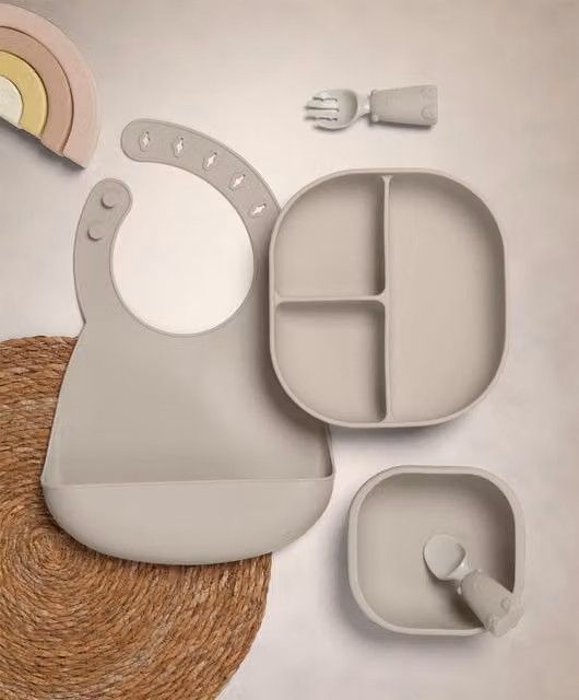 Mamas & Papas First Mealtime Silicone Set in Brown and Grey