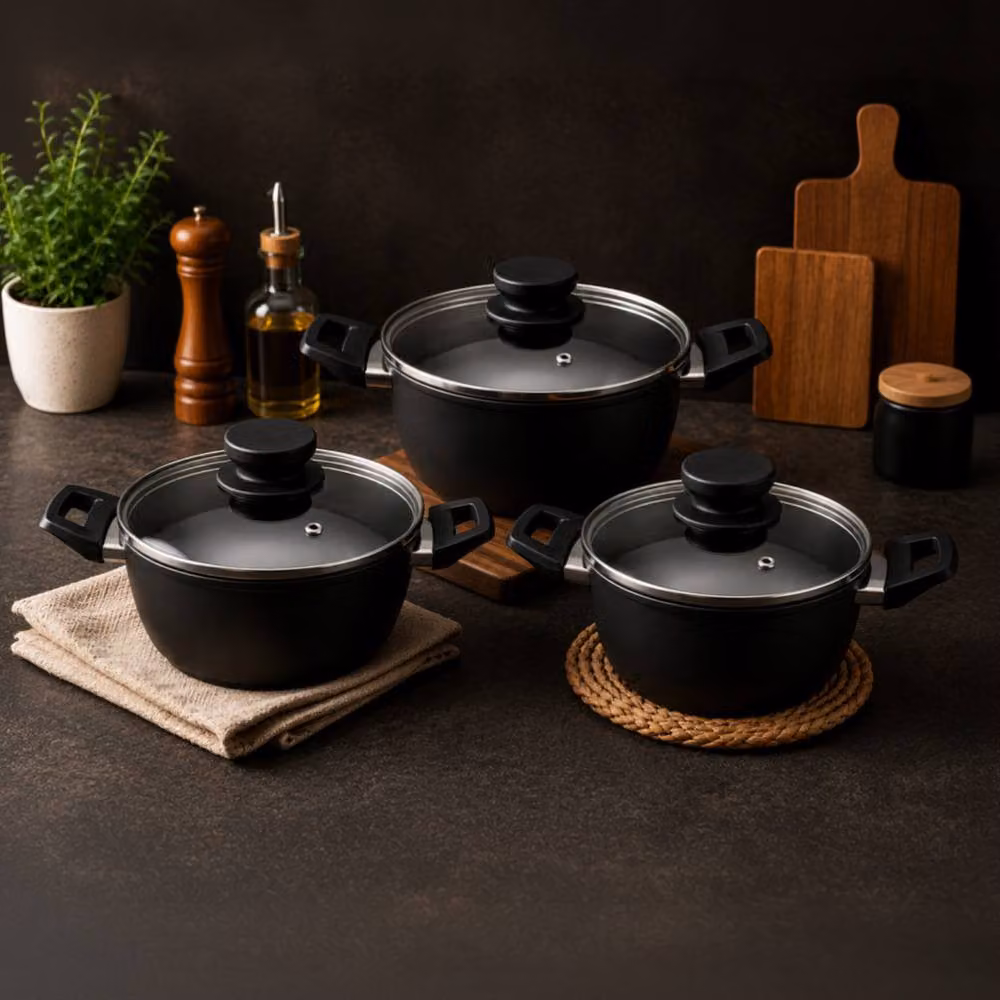 Royalford 3 Piece Non-Stick Ceramic Casserole Set with Lids, Induction Ready, Black – 2