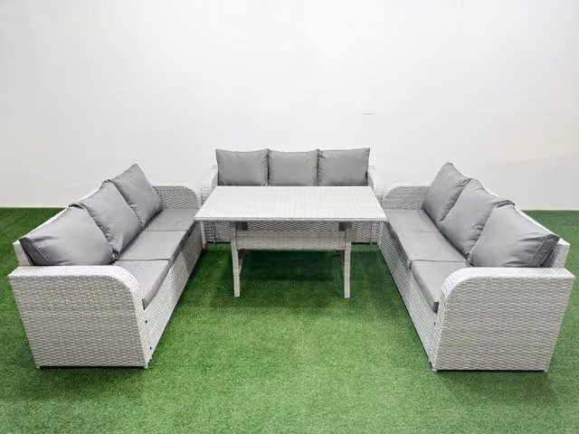 Fimous 9 Seater PE Rattan Garden Furniture Set with Rectangular Dining Table and 3 Seater Sofa in Light Grey