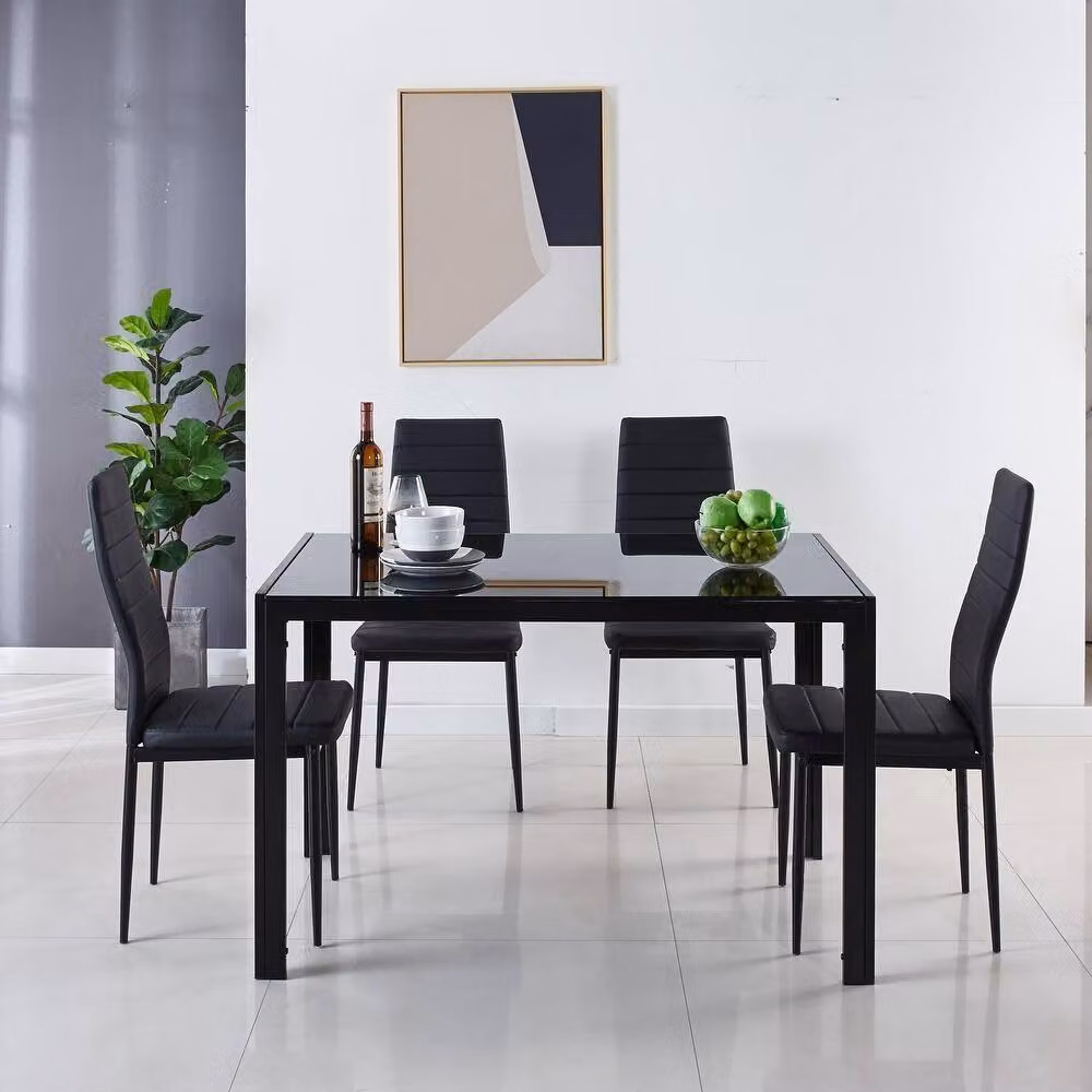 Kosy Koala Modern Black Glass Rectangular Dining Table and 4 Black Faux Leather Chairs Set – 2