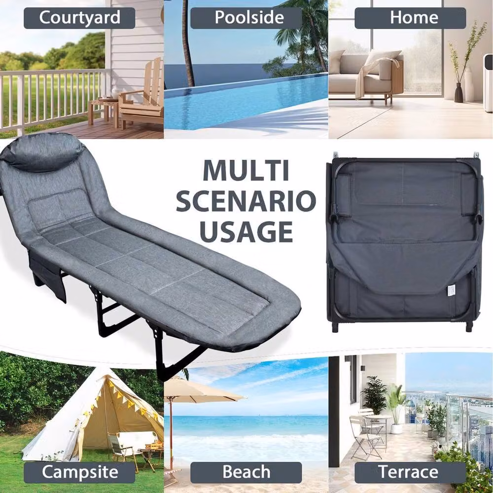 FLAVORA Grey Folding Sun Lounger Recliner Single Camping Bed with Side Compartment, W/D/H: 170 x 55 x 30 cm – 6