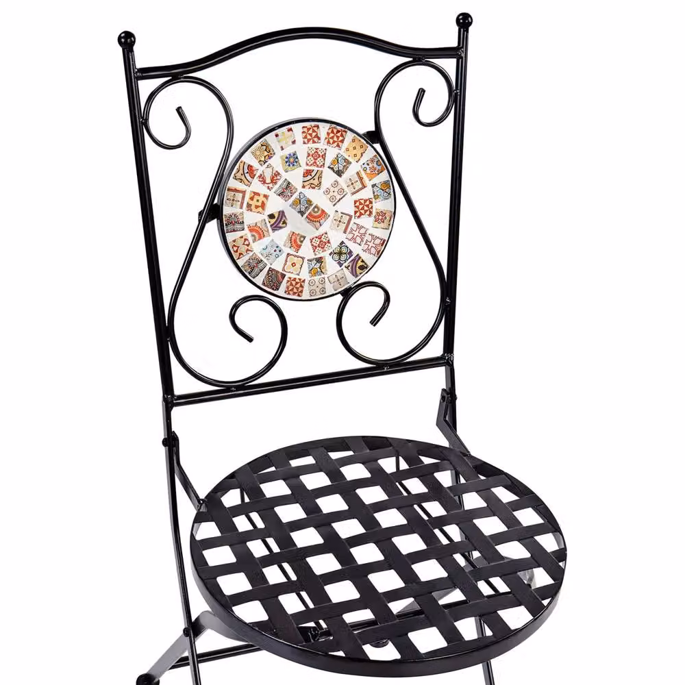 Wyld Haus Set of 2 Black Powder Coated Steel Folding Garden Chairs with Multicolour Geometric Mosaic Backrests – 3