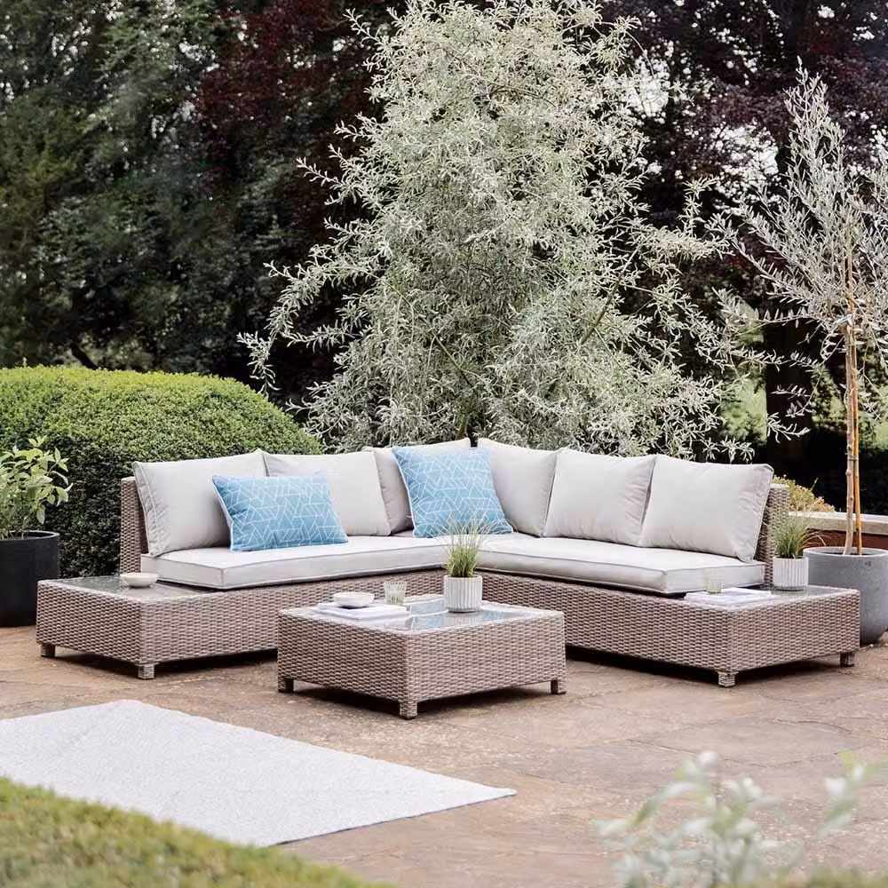 Leisure Grow Matilda L-Shape Corner Lounge Set with Coffee Table in Beige Polyrattan