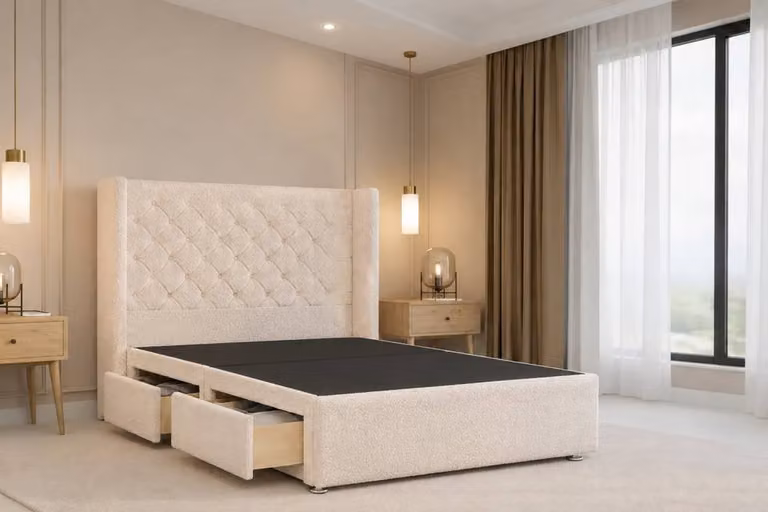 Chester & Oakley Luxora Teddy Divan Bed Base with 2 Drawers and Winged Headboard in Beige Bouclé Fabric, Size: Double (W/D/H: 140 x 200 cm)