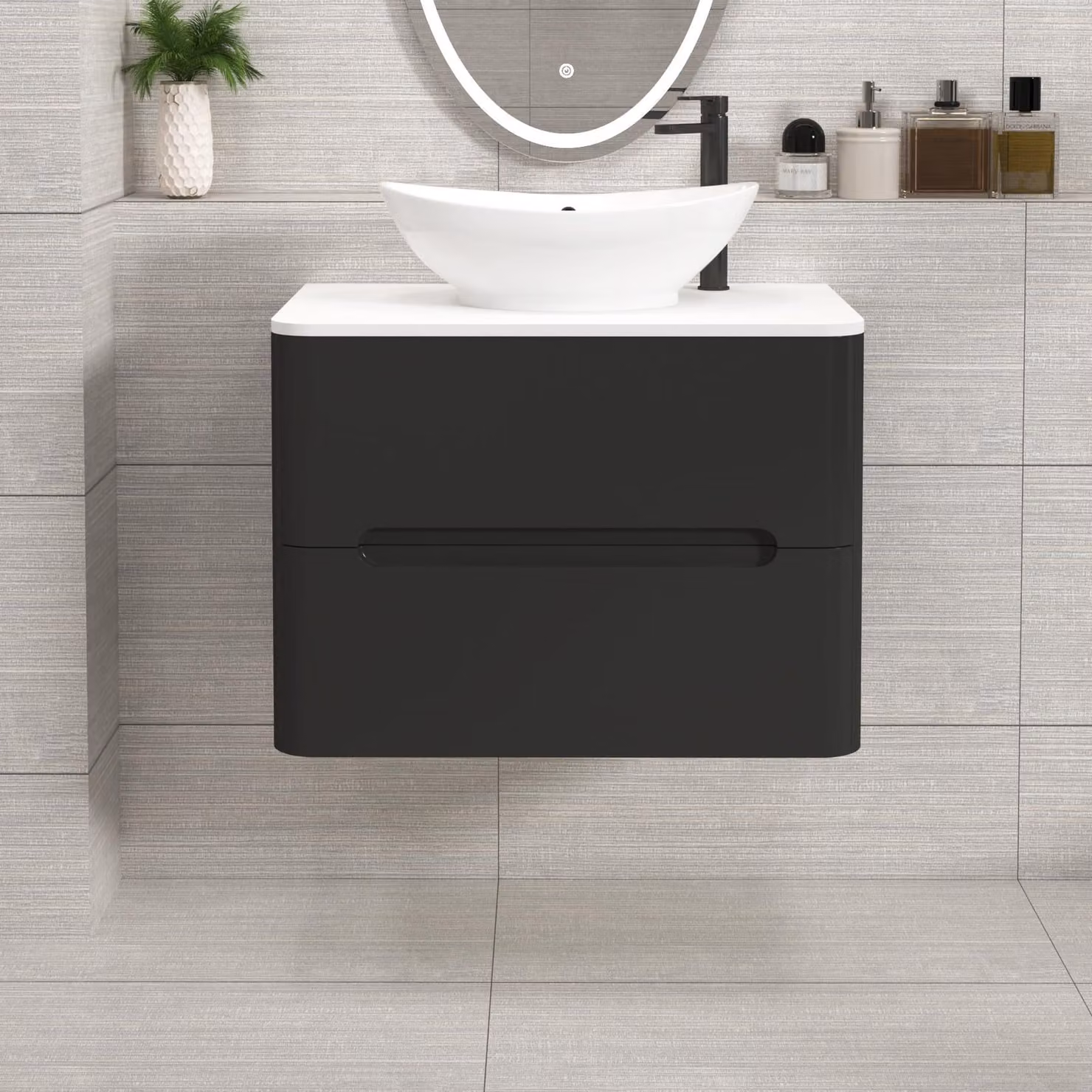 Royal Bathrooms Venice 700mm Wall Hung Vanity Unit in Matt Nocturne Black with Plain White Worktop and Amaze Basin
