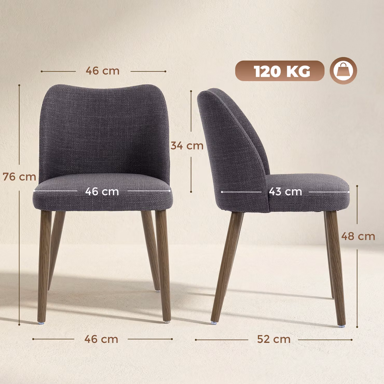 HOMCOM Set of 2 Linen Upholstered Dining Chairs in Dark Grey with Rubberwood Legs – 3