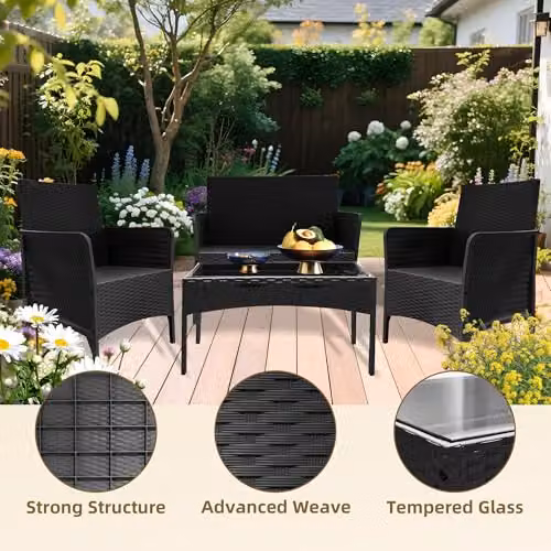 Alivio 4 Piece Rattan Furniture Set in Black with Coffee Table, 2 Seater Sofa, Armchairs and Cushions for Garden, Terrace or Balcony – 2
