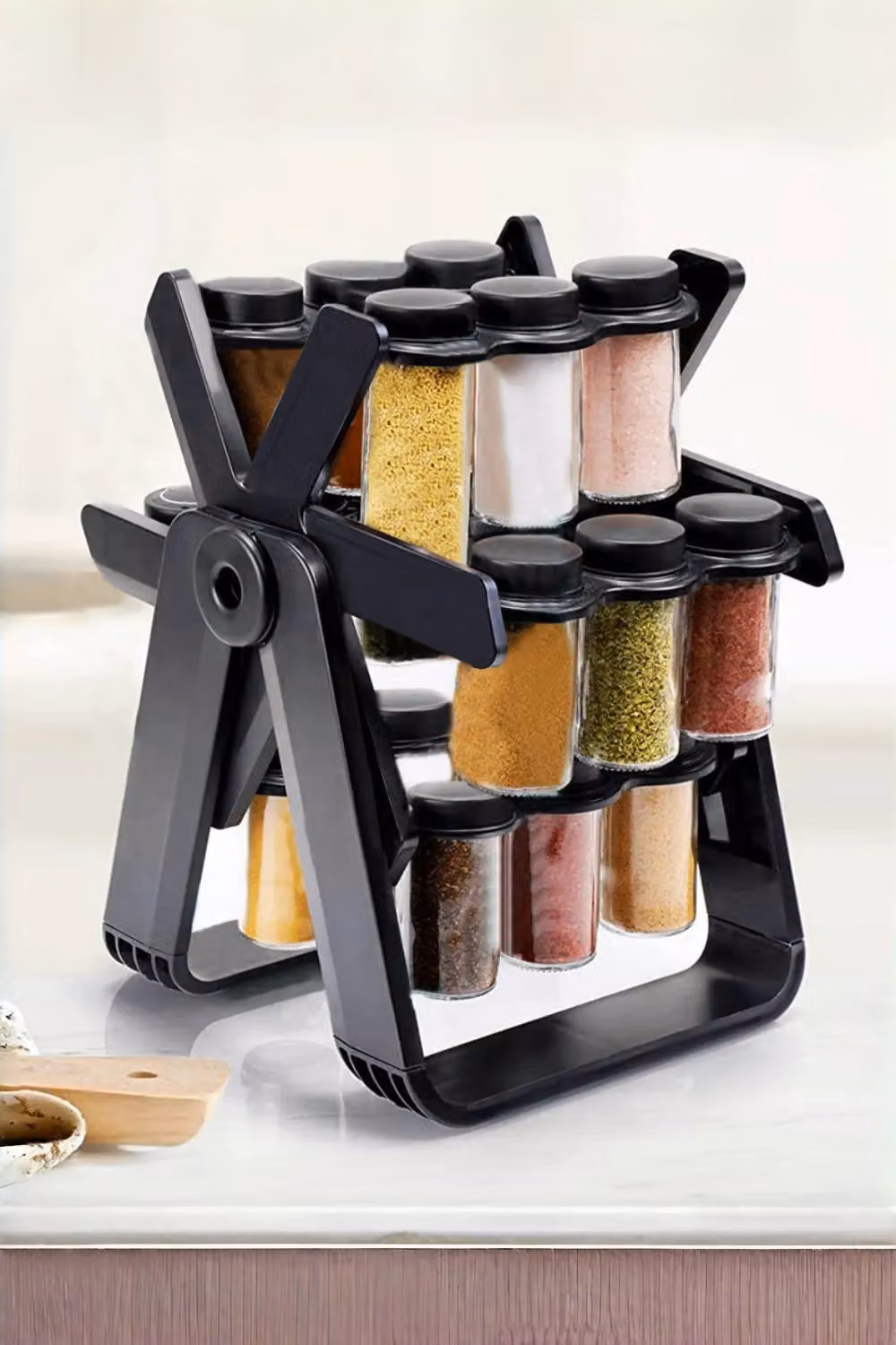 Livingandhome 360 Rotating Ferris Wheel Spice Rack Organizer in Black with 18 Glass Seasoning Bottles – 4