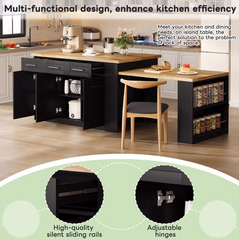 STILVORA Modern Black Wood Kitchen Island with Extendable Dining Table and Storage – 9