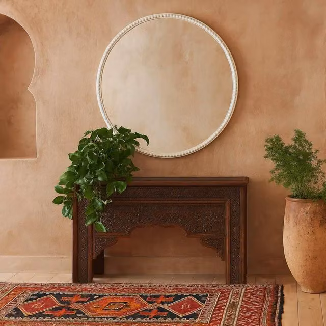 Wyld Haus White Beaded Round Boho Wall Mirror