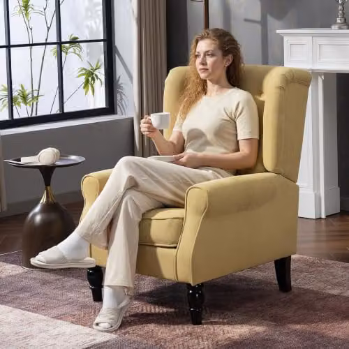 HOMCOM Retro Wingback Accent Chair in Yellow with Solid Wood Frame – 3