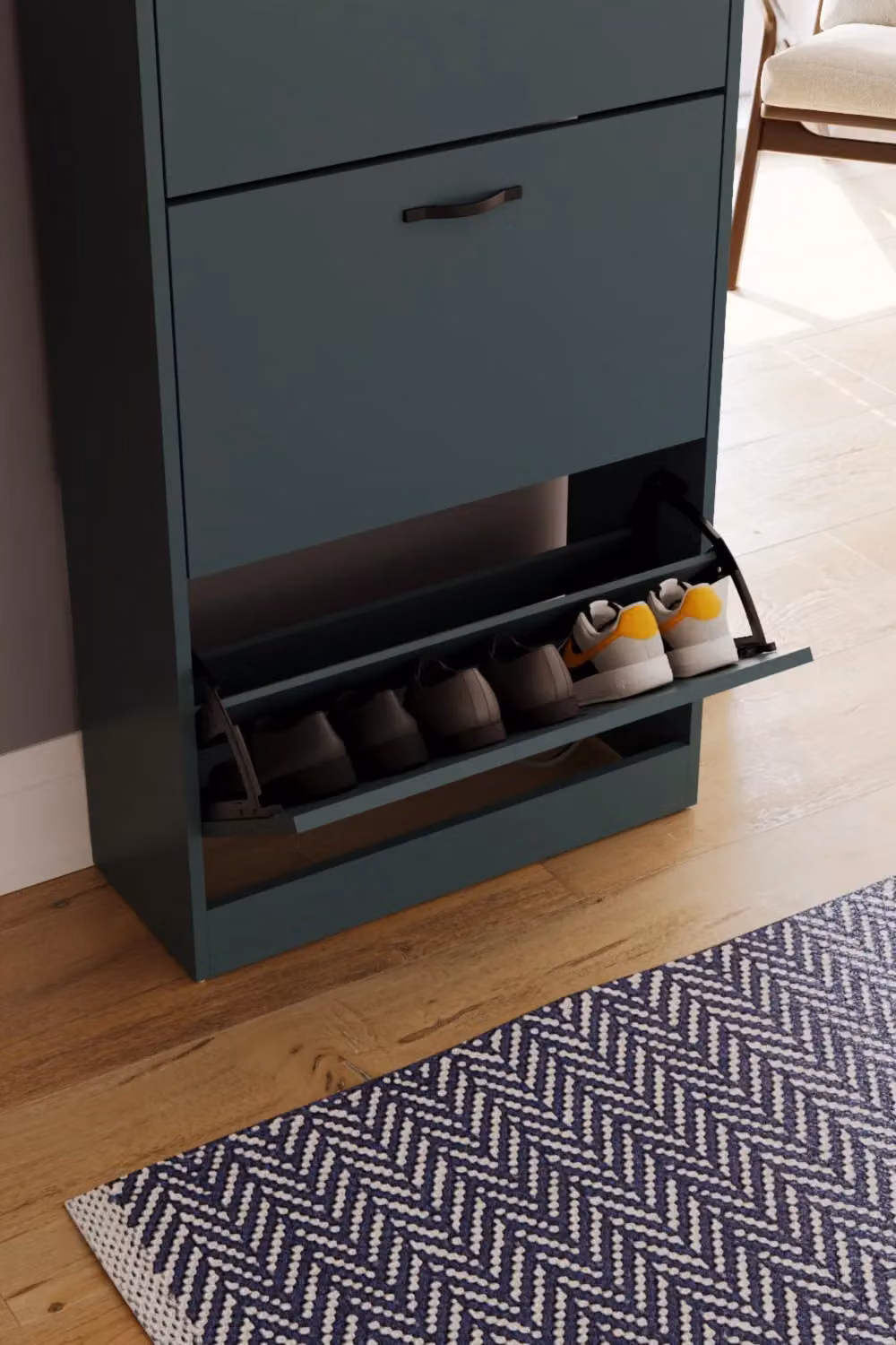 Vida Designs Modern Green 3 Drawer Shoe Cabinet with Tilting Compartments and Metal Details – 7