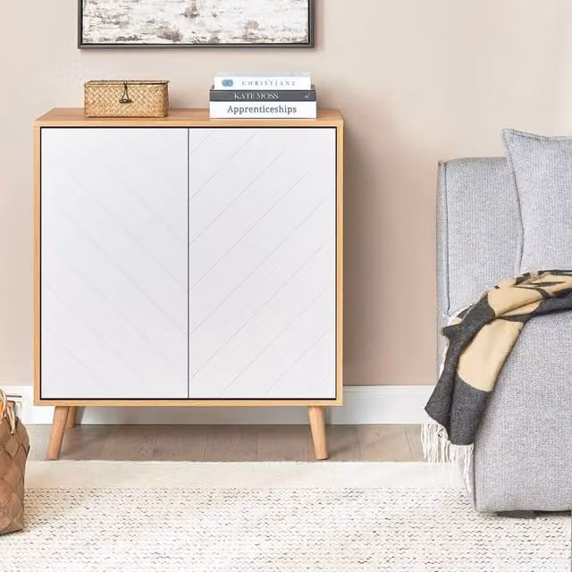 Wyld and Coco Scandinavian Sideboard in White and Light Wood, W: 76 cm, D: 40 cm, H: 84 cm