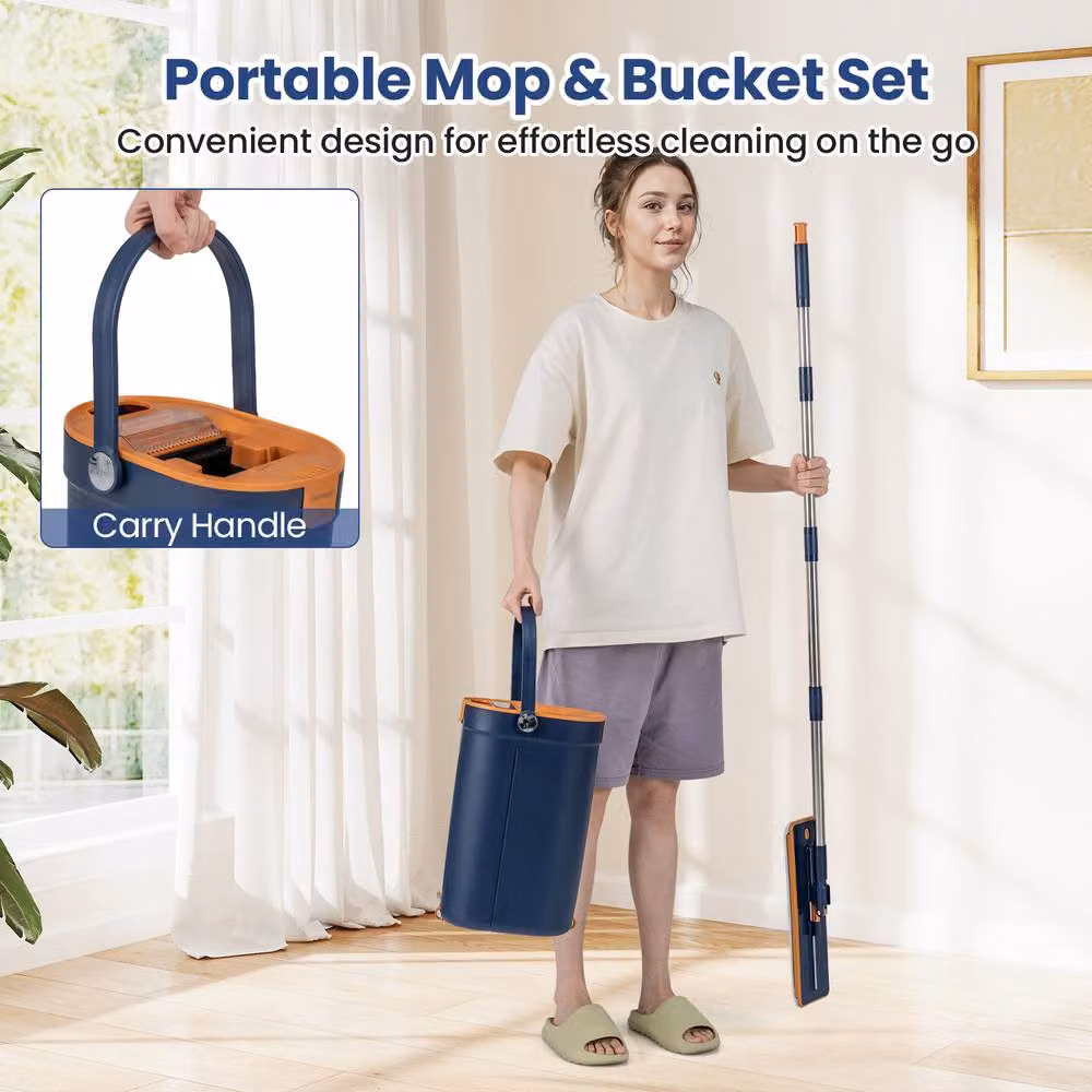 Costway Mop and Bucket Set with Wringer and Scraper, 360 Degree Rotating Microfibre Head, Blue – 7