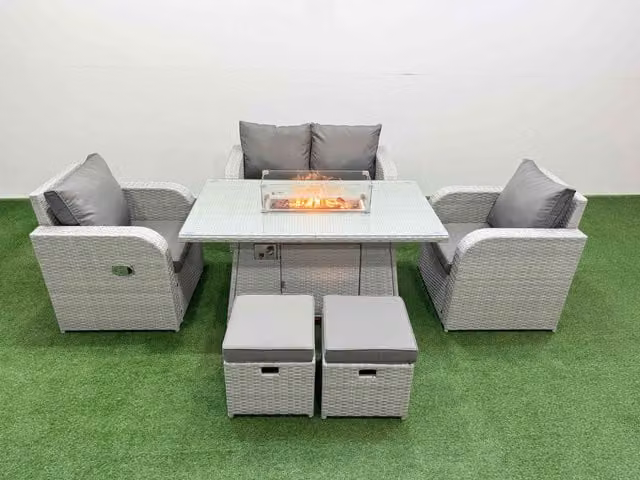Fimous 6 Seater Light Grey PE Wicker Rattan Garden Furniture Set with Reclining Chairs, Firepit, Dining Table and 2 Small Stools