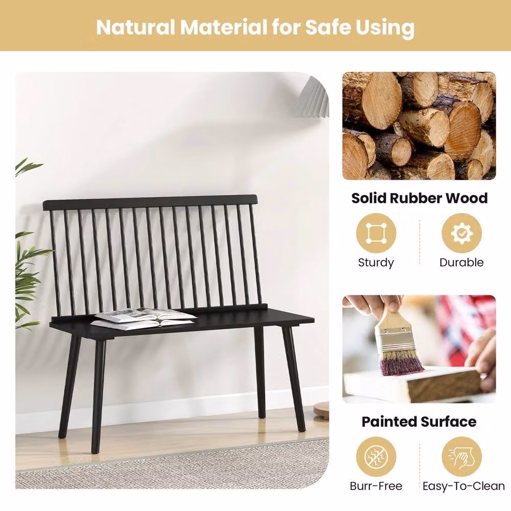 Costway Black Rubberwood Windsor Entryway Bench with Backrest – 3