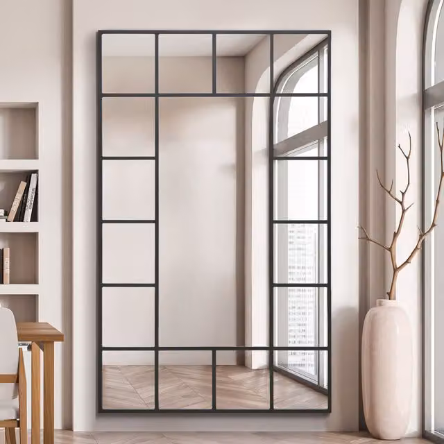 MirrorOutlet Modern Rectangular Metal Window Leaner Wall Mirror in Black, Height: 180 cm