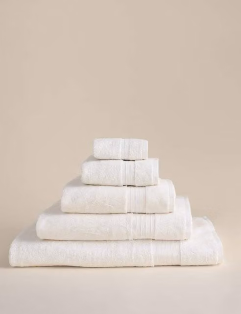 M&S Egyptian Cotton Fluffy Quick Drying Towel in White/Beige