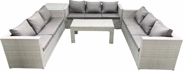 Fimous 9 Seater Rattan Garden Furniture Set with U-Shape Sofa, Oblong Coffee Table and Side Table in Light Grey