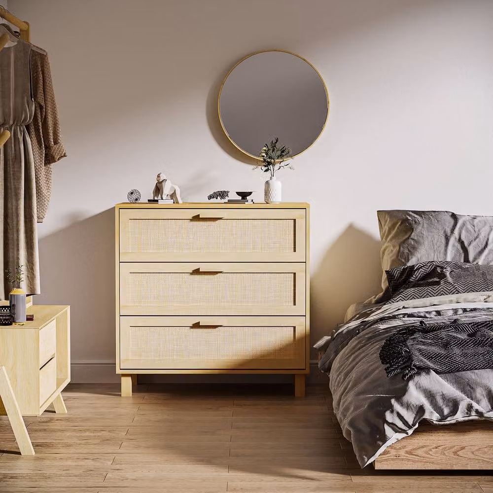 STILVORA 3 Drawer Freestanding Storage Unit with Rattan Panels in Beige – 2