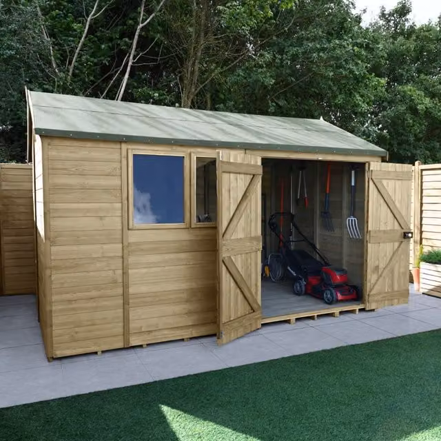Forest Garden Tongue and Groove Reverse Apex Shed with Double Doors in Brown, W: 365.76 cm, D: 243.84 cm, H: 182.88 cm