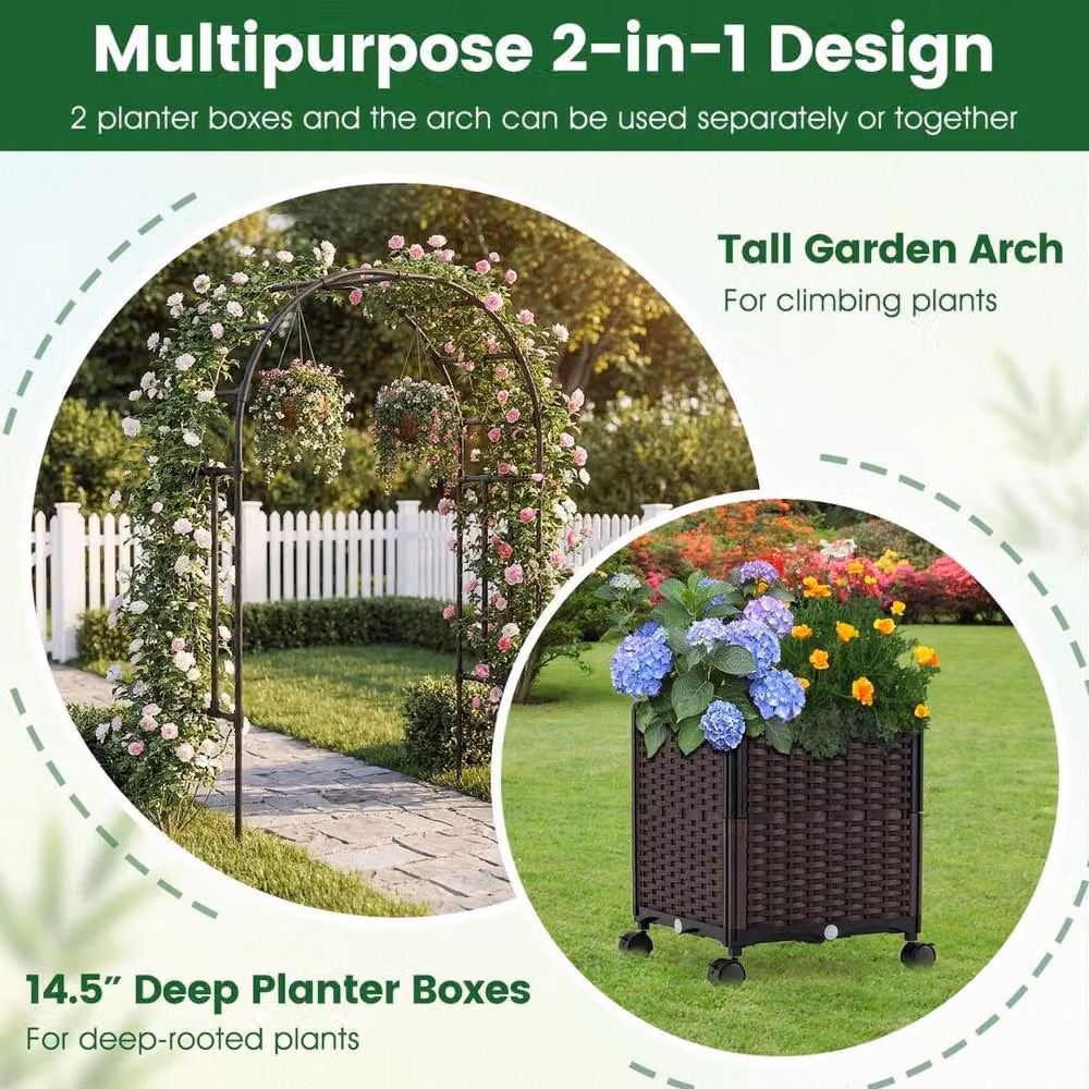 NESTLUNE Brown Metal Garden Arch Trellis with 2 Planter Boxes, Height: 200 cm – 5