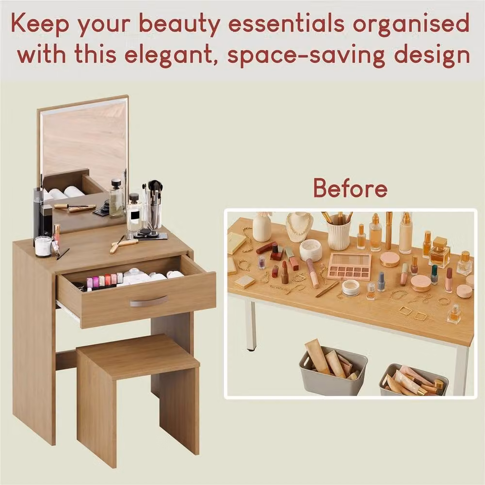 FORGEVIO Modern Dressing Table with Mirror and Stool Set in Brown Wood – 3