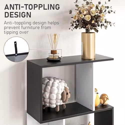 HOMCOM 5-Tier S-Shaped Wooden Bookcase and Display Shelving in Black and White, H 184.5 x W 60 x D 24 cm – 7