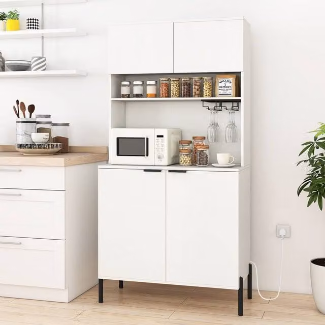 Costway White Kitchen Pantry Cabinet with Charging Station and Tall Storage Hutch