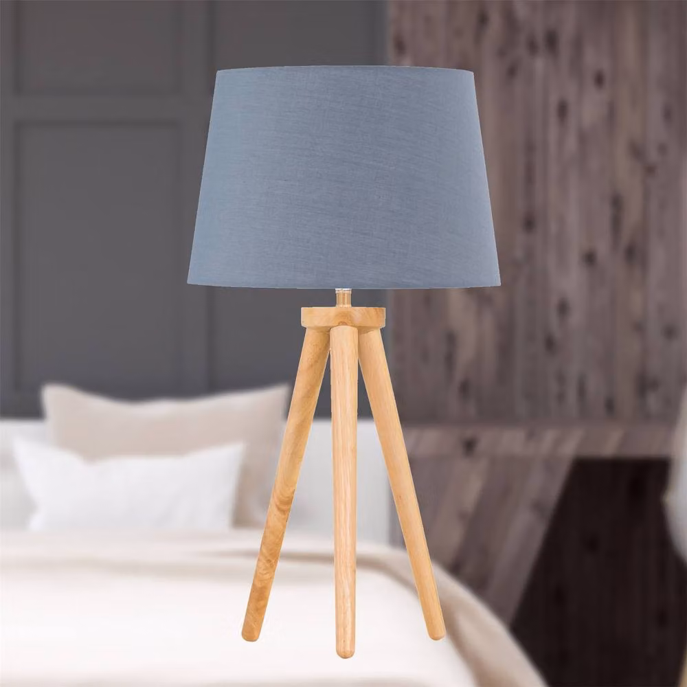 First Choice Lighting Set of 2 Light Oak Table Lamps with Grey Fabric Shades in Brown – 2