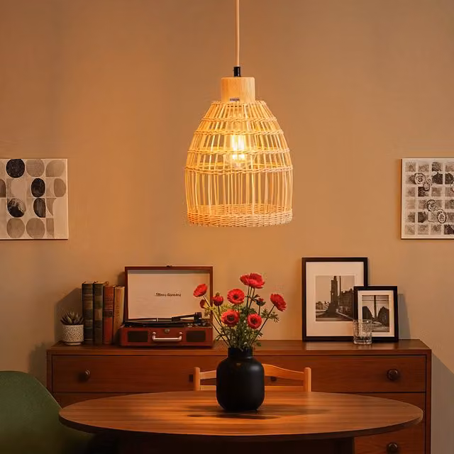 Livingandhome Modern Brown Bamboo Woven Dome Pendant Light, Diameter: 18 cm