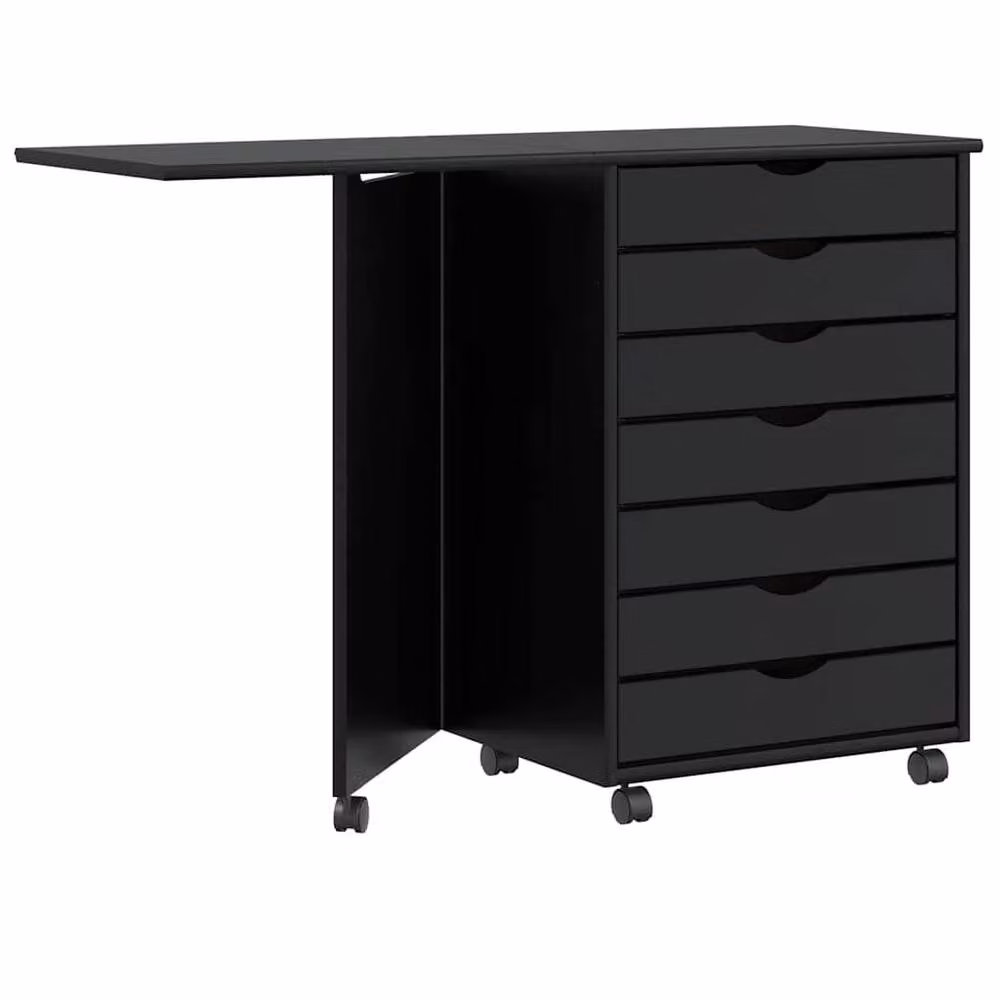 Berkfield Home Rolling Cabinet with Desk in Black Solid Wood Pine, W: 105.5 cm, D: 39.0 cm, H: 74.5 cm – 2