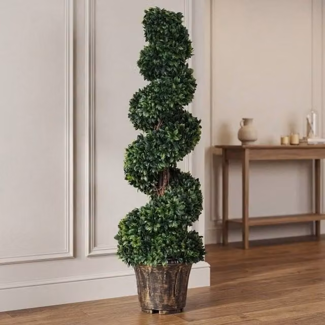 STILVORA Set of 2 Artificial Green Tabletop Plants with Bronze Concrete Pots, Height: 32 cm, Width: 120 cm