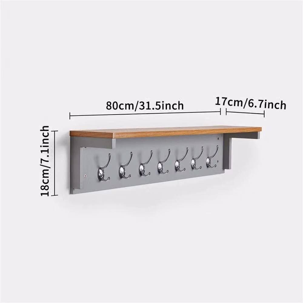 VOGREX Wooden Wall Coat Rack with Shelf and 7 Double Hooks, Brown, W: 80 cm, H: 45.7 cm, D: 17 cm – 2